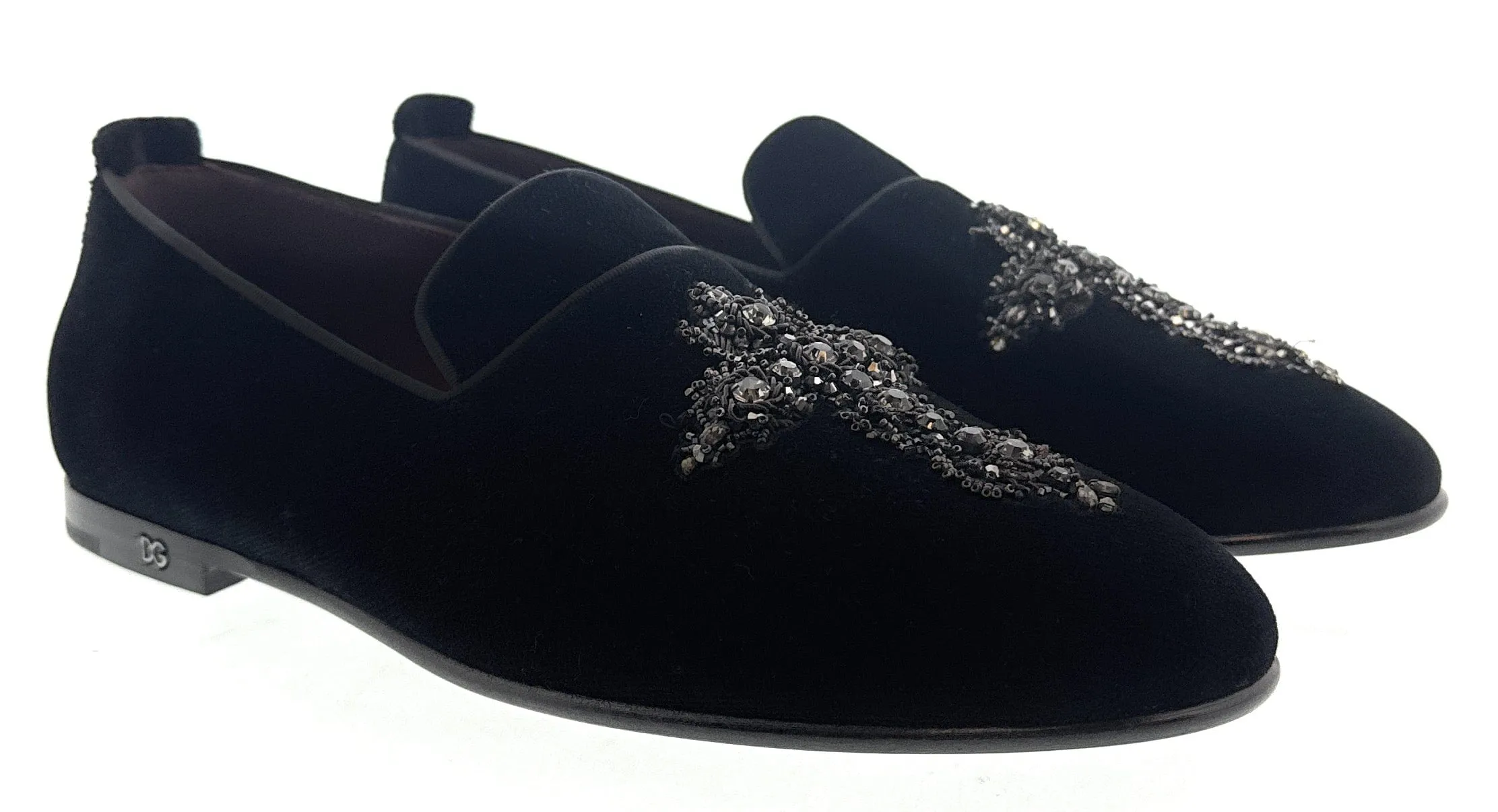 Dolce & Gabbana Men's Black Velvet Crystal Cross Loafers Slip-On  Shoes-EU40