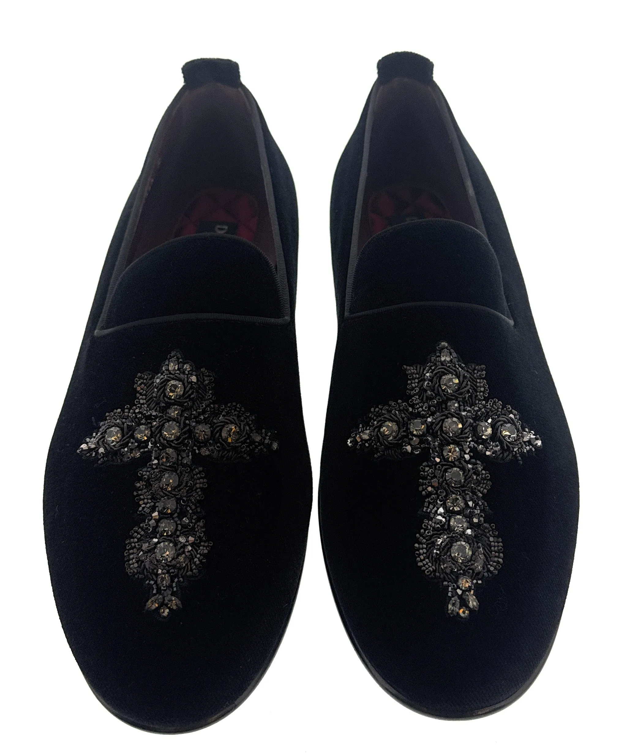 Dolce & Gabbana Men's Black Velvet Crystal Cross Loafers Slip-On  Shoes-EU40