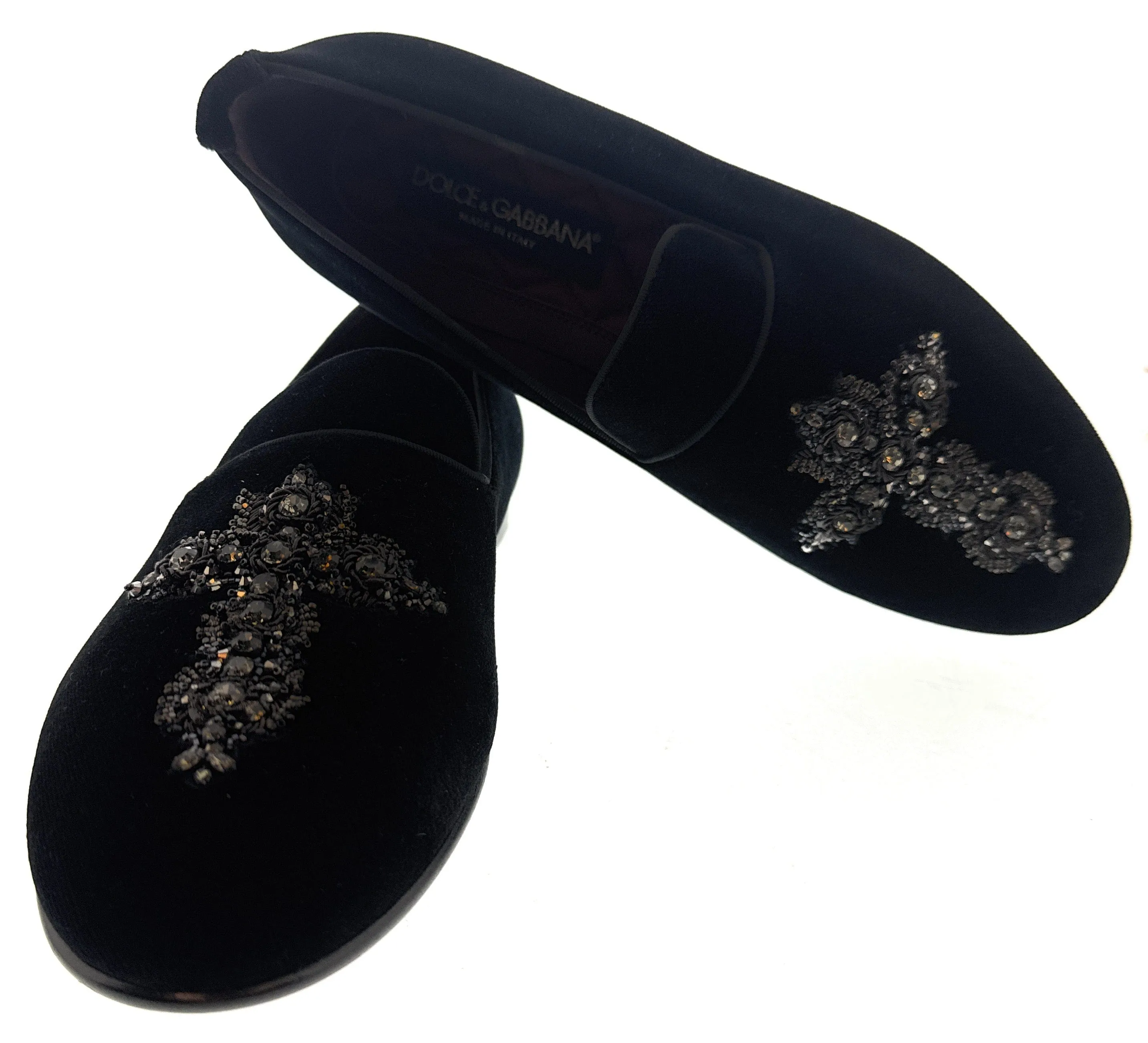 Dolce & Gabbana Men's Black Velvet Crystal Cross Loafers Slip-On  Shoes-EU40