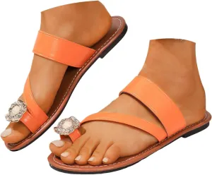 Eduavar Summer Sandals for Women, Orthopedic Sandals for Women Rhinestone Flat Sandals Comfortable Ring Toe Slippers
