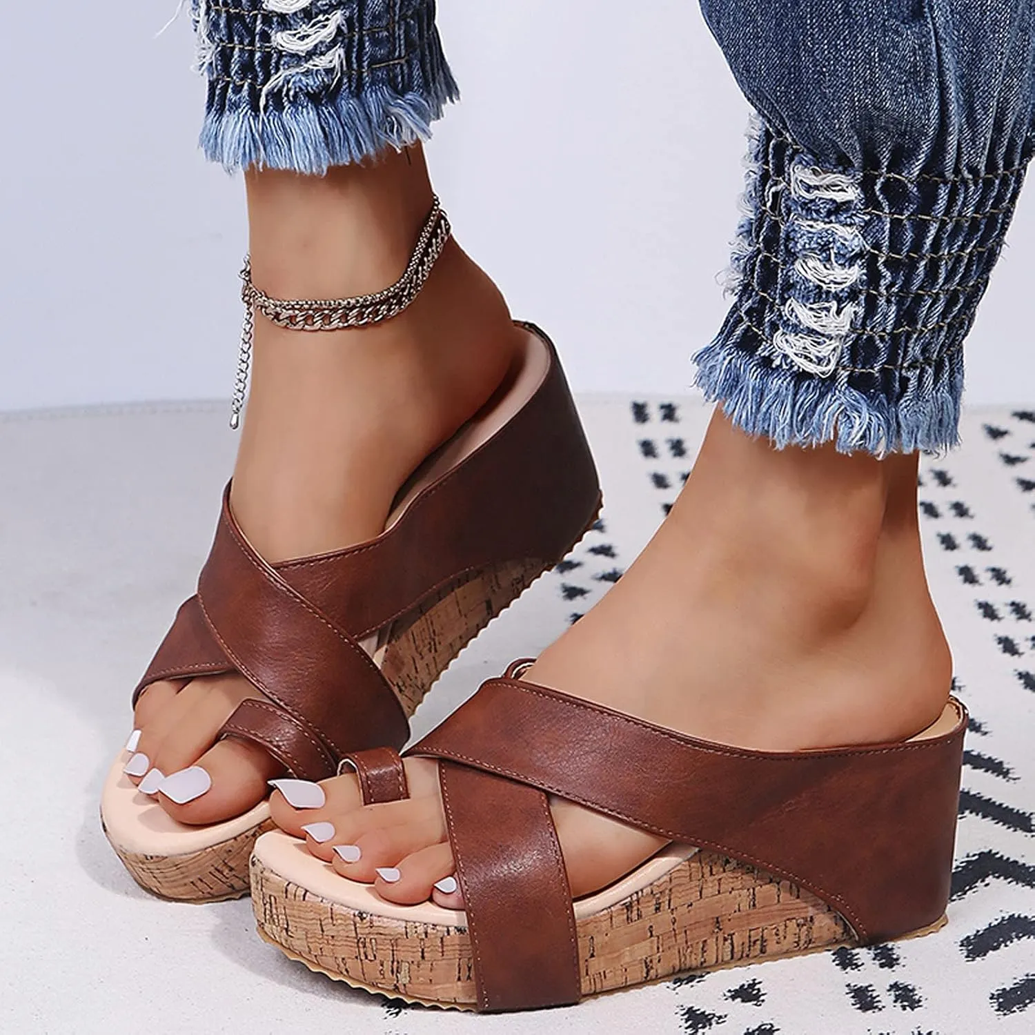 Eduavar Wedge Sandals for Women, Sandals Women Dressy Summer Ankle Strap Buckle Sandals Closed Toe Wedge Sandals