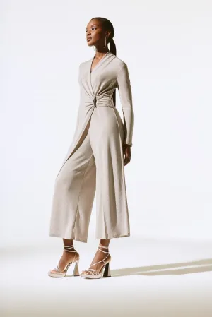 Joseph Ribkoff Shiny Knit Wide Leg Jumpsuit Nude