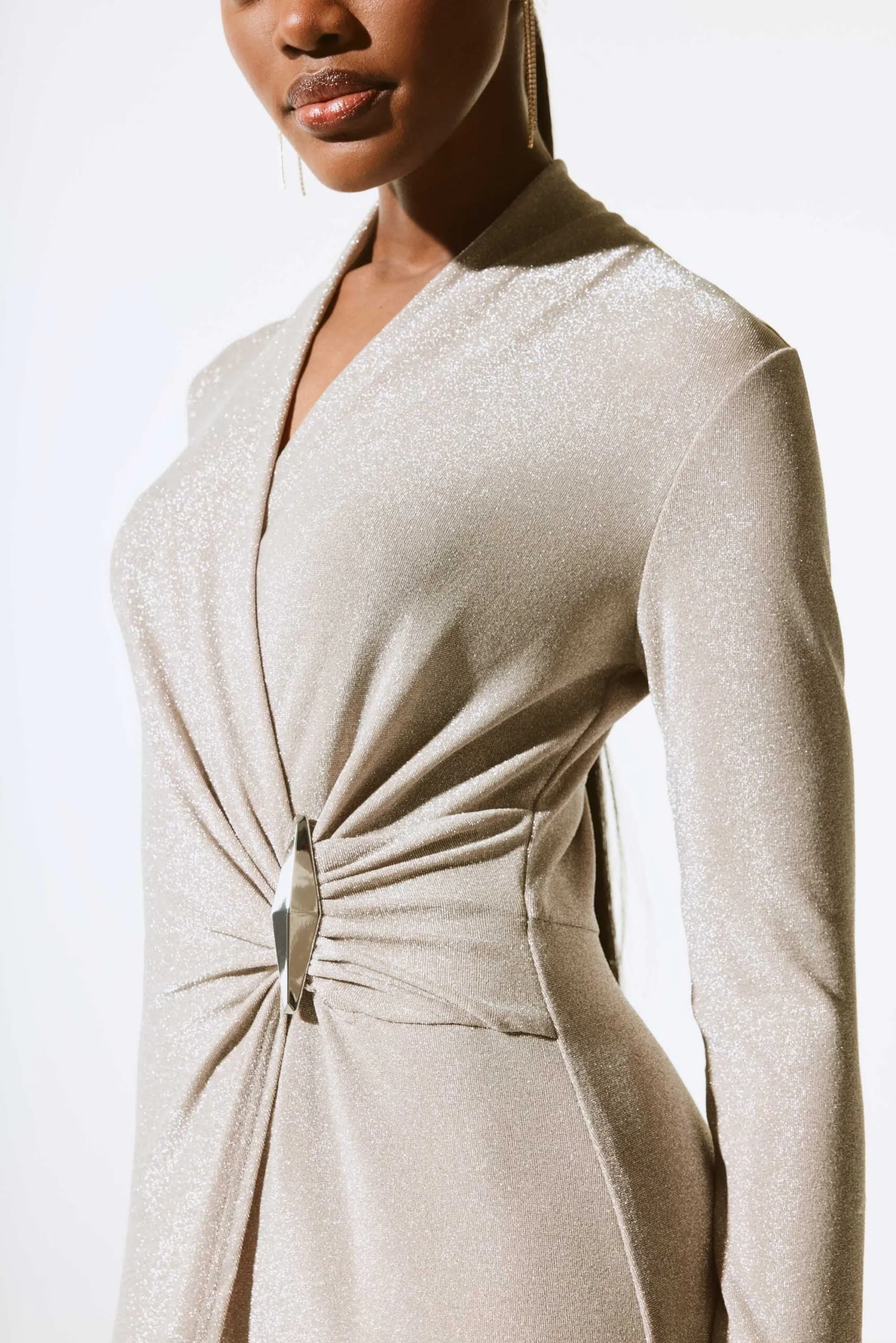 Joseph Ribkoff Shiny Knit Wide Leg Jumpsuit Nude