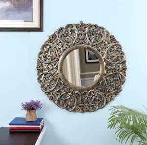 THE WOODEN SHOPPEE Handcarved Royal Round Mirror Frame | Wall Hanging for Living Room, Bedroom, Bathroom & Home Decor (Vintage Gold Finish) 24 X 24 in / 60 x 60 cms ( Without Mirror )